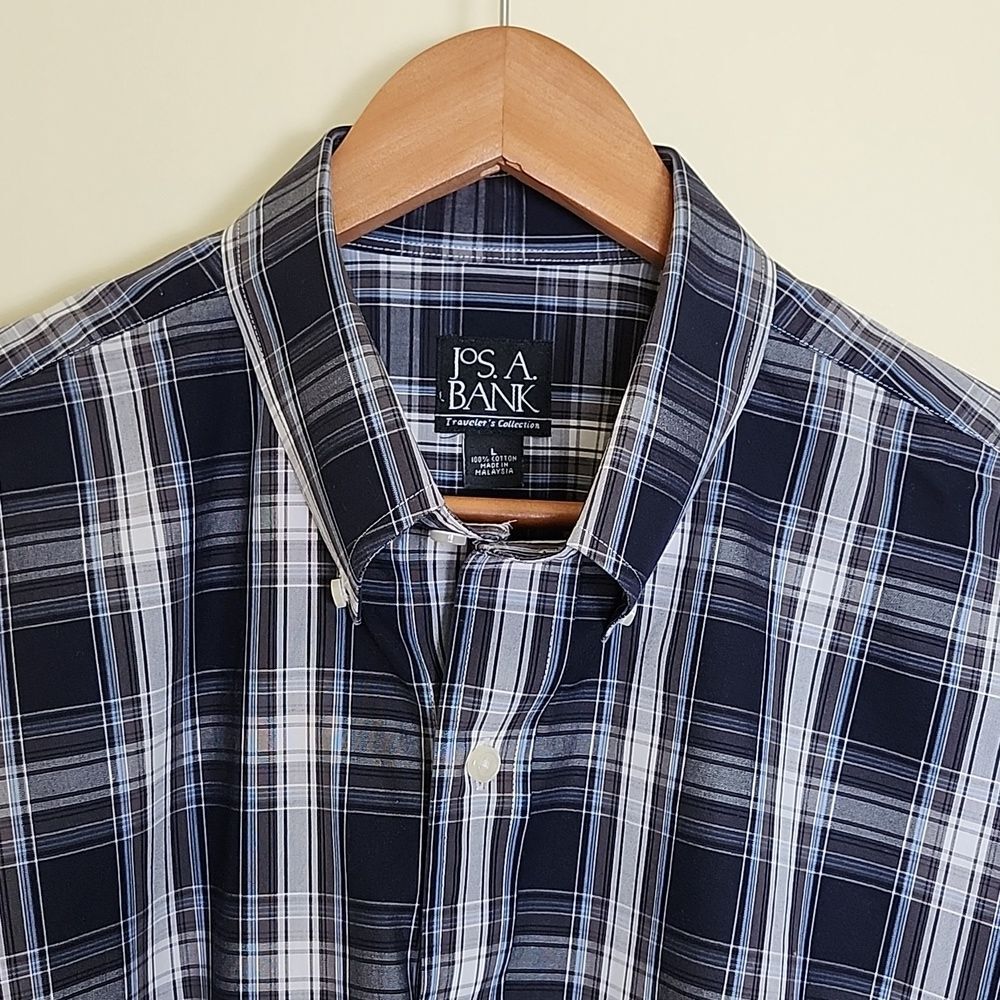 Jos. A. Bank Blue, White & Gray Plaid, Button Down, Long Sleeve, Men's Shirt